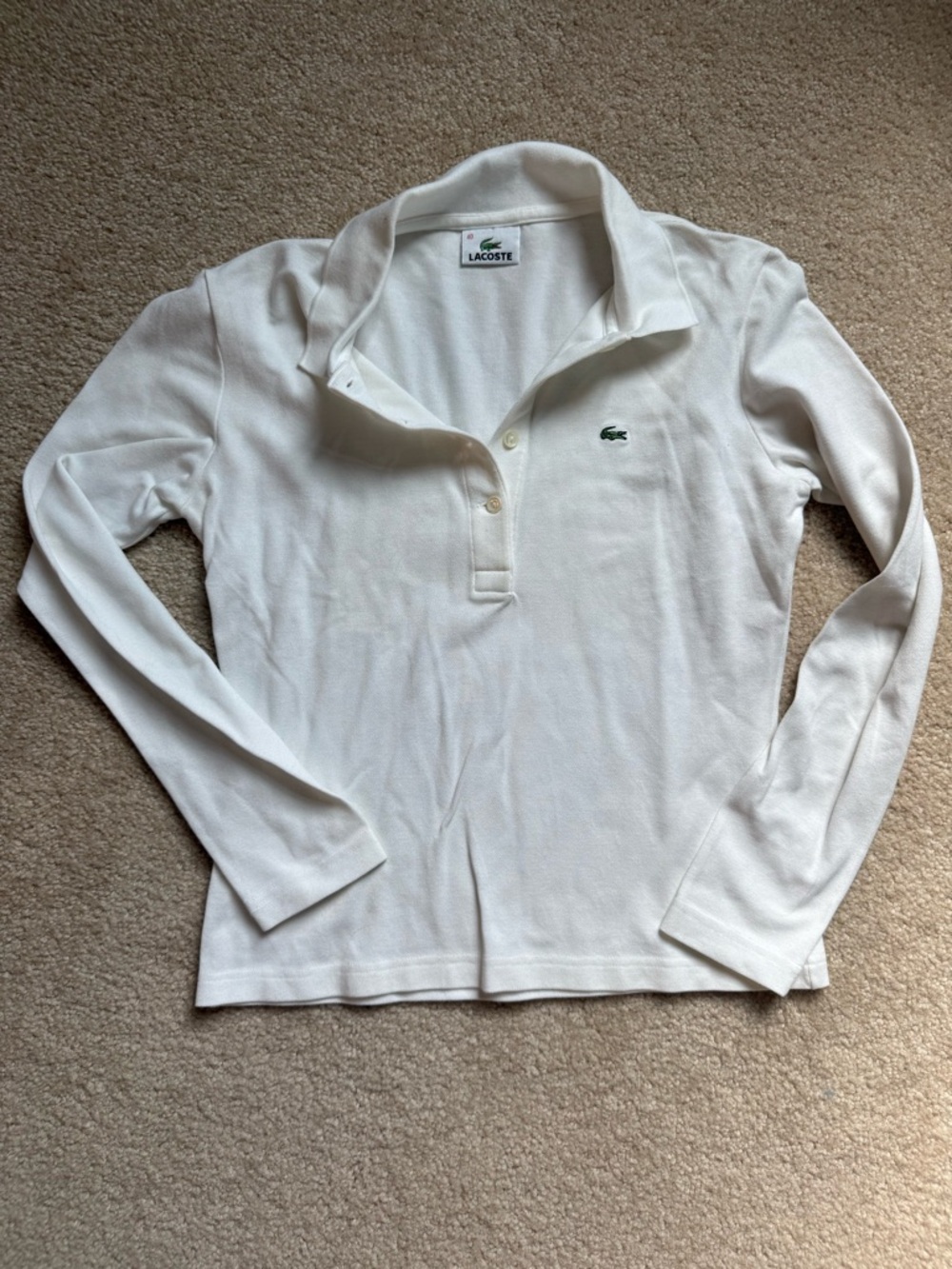 Lacoste Women's Long Sleeve Pique Polo in White with Green Logo